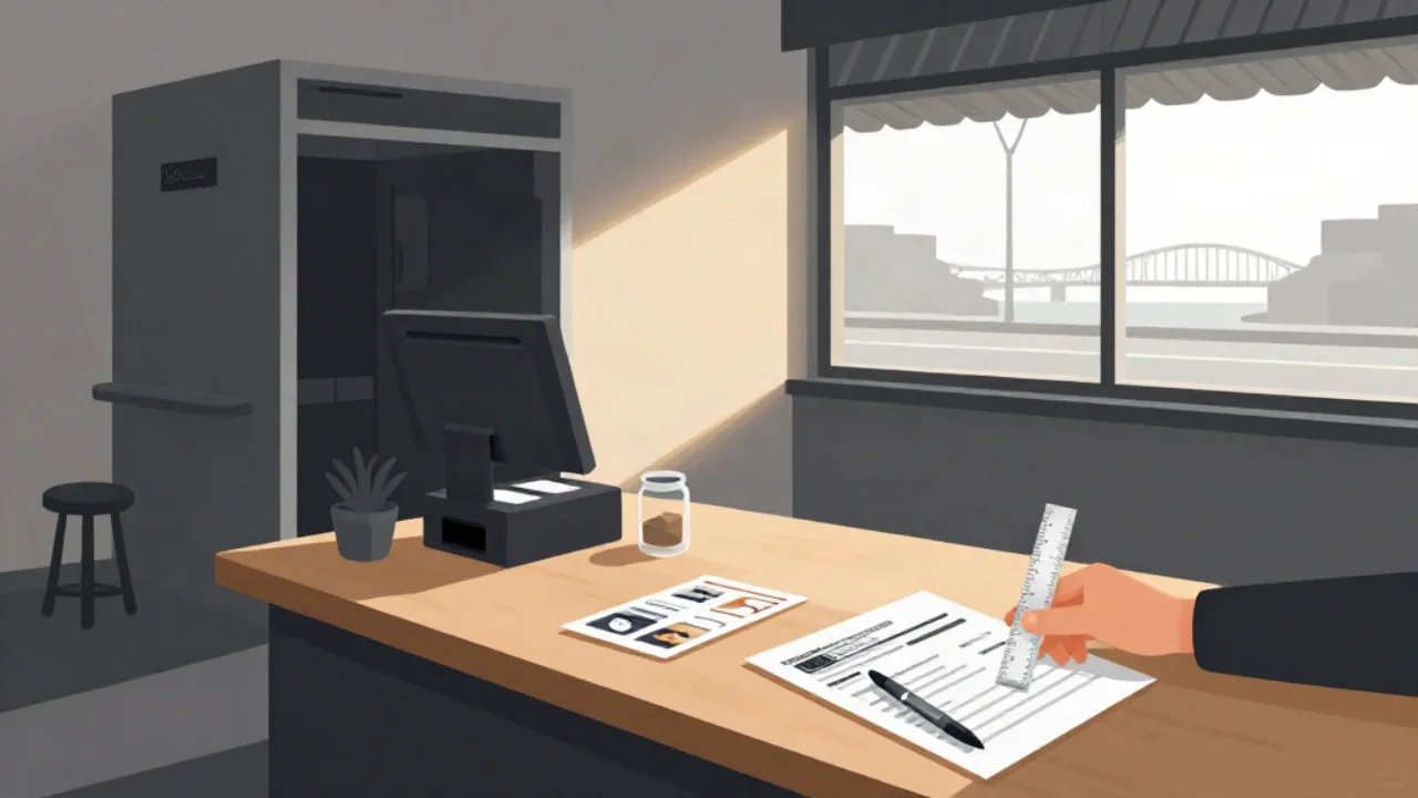 Flat vector illustration in charcoal and slate of an Australia Post counter in warm morning light: a hand holds a clear ruler upright beside a paper passport application form and a strip of printed photos on a timber counter, with a card reader and a small potted plant, a curtained self-serve photo booth and stool against the wall, and a shopfront window showing a sunlit street and a distant arched harbour bridge