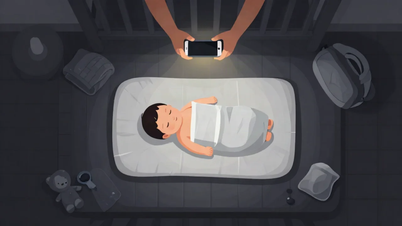 Flat vector illustration in charcoal and slate of a baby lying on its back on a plain white sheet on a nursery floor, photographed from above by a phone held in two hands at the top of the frame, with a folded blanket, a soft toy, and a diaper bag around the edges, lit by a single warm amber light