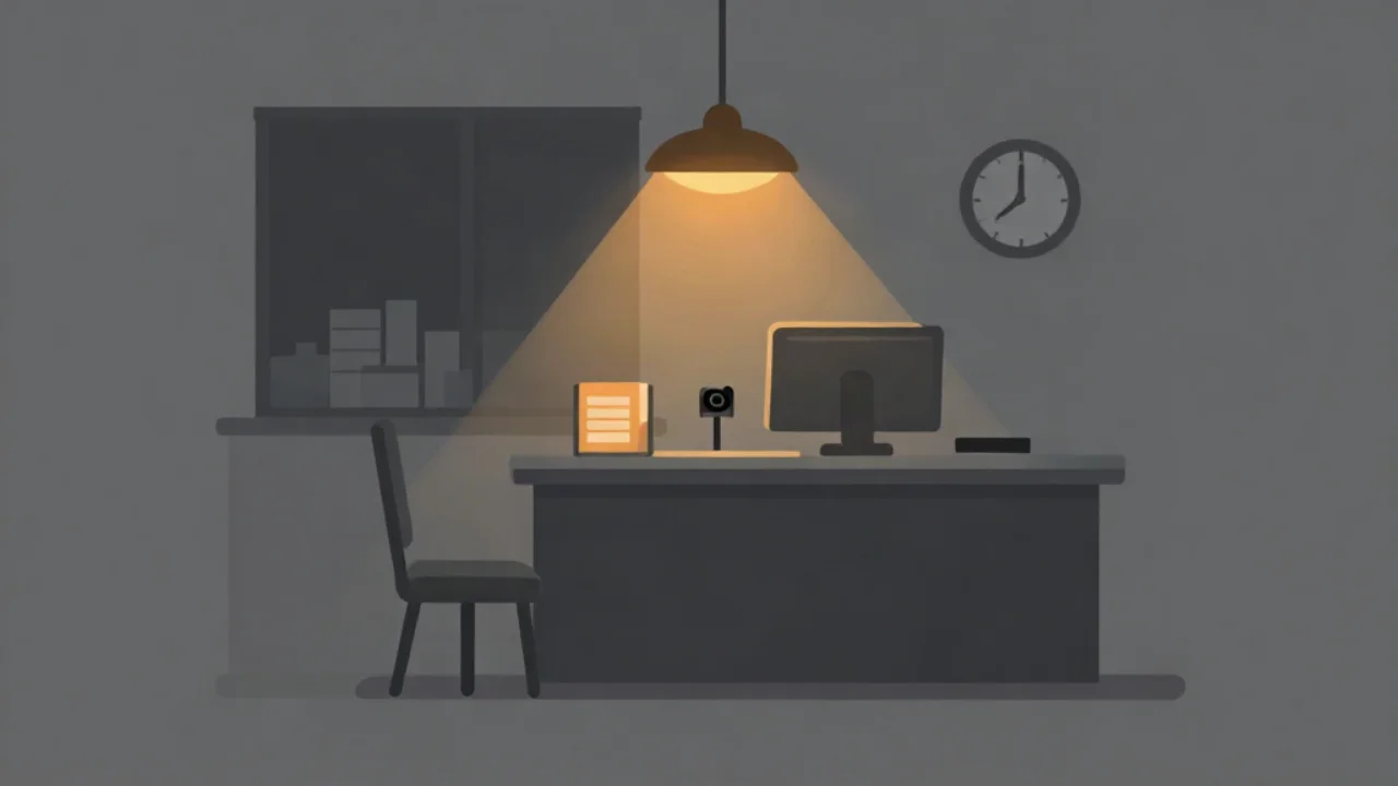 Flat vector illustration in charcoal grey of a government biometric enrolment booth at night: an empty chair faces a small camera on a stand and a monitor on a dark counter, with a stack of folders, a service partition, a wall clock, and a grey city skyline through the window, lit by a single warm amber overhead lamp.