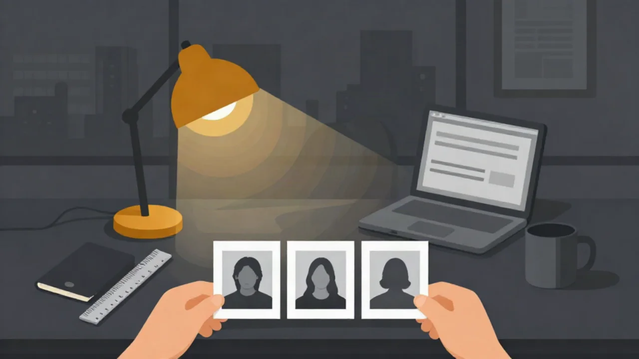 Flat vector illustration in charcoal grey of a desk at night: a pair of hands holds three printed portrait photos in a row above the dark desk, beside a steel ruler, a notebook, a laptop showing a plain form, and a mug, lit by a single warm amber desk lamp, with a grey city skyline through the window.