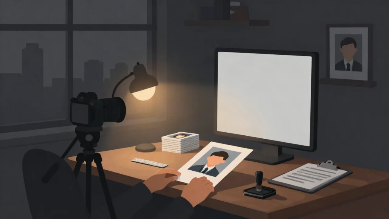 Flat vector illustration in charcoal and slate of a photo studio at dusk: a photographer's hands slide a printed portrait ID photo across a wooden counter beside a metal ruler and a rubber date stamp, with a camera on a tripod, a lit white backdrop, a stack of small printed photos and a clipboard form, a dark window with a faint city skyline and a framed sample photo on the wall, lit by a single warm amber lamp