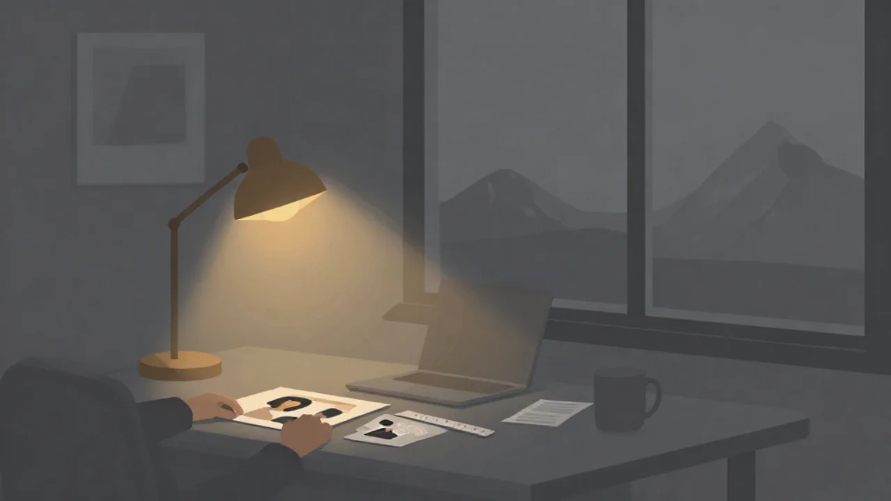 Flat vector illustration in charcoal grey of a desk at night by a large window showing distant snow-capped mountains at dusk: a pair of hands lays small printed portrait photos on the dark desk beside a steel ruler, a laptop, papers, and a mug, lit by a single warm amber desk lamp.
