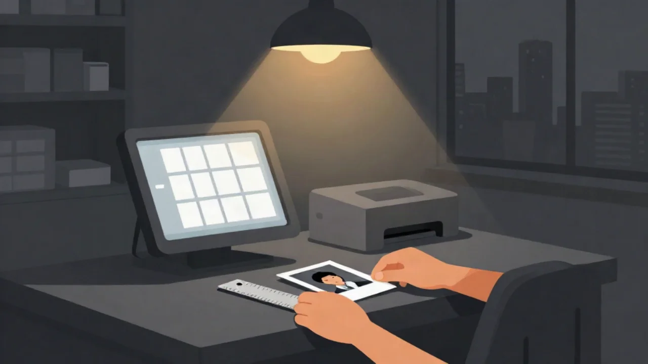 Flat vector illustration in charcoal grey of a self-service photo print counter at night: a pair of hands places a small printed portrait photo and a steel ruler on a dark counter beside a glowing kiosk screen showing a grid of blank photo-size rectangles and a small photo printer, lit by a warm amber overhead lamp, with supply shelves and a grey city skyline through the window.