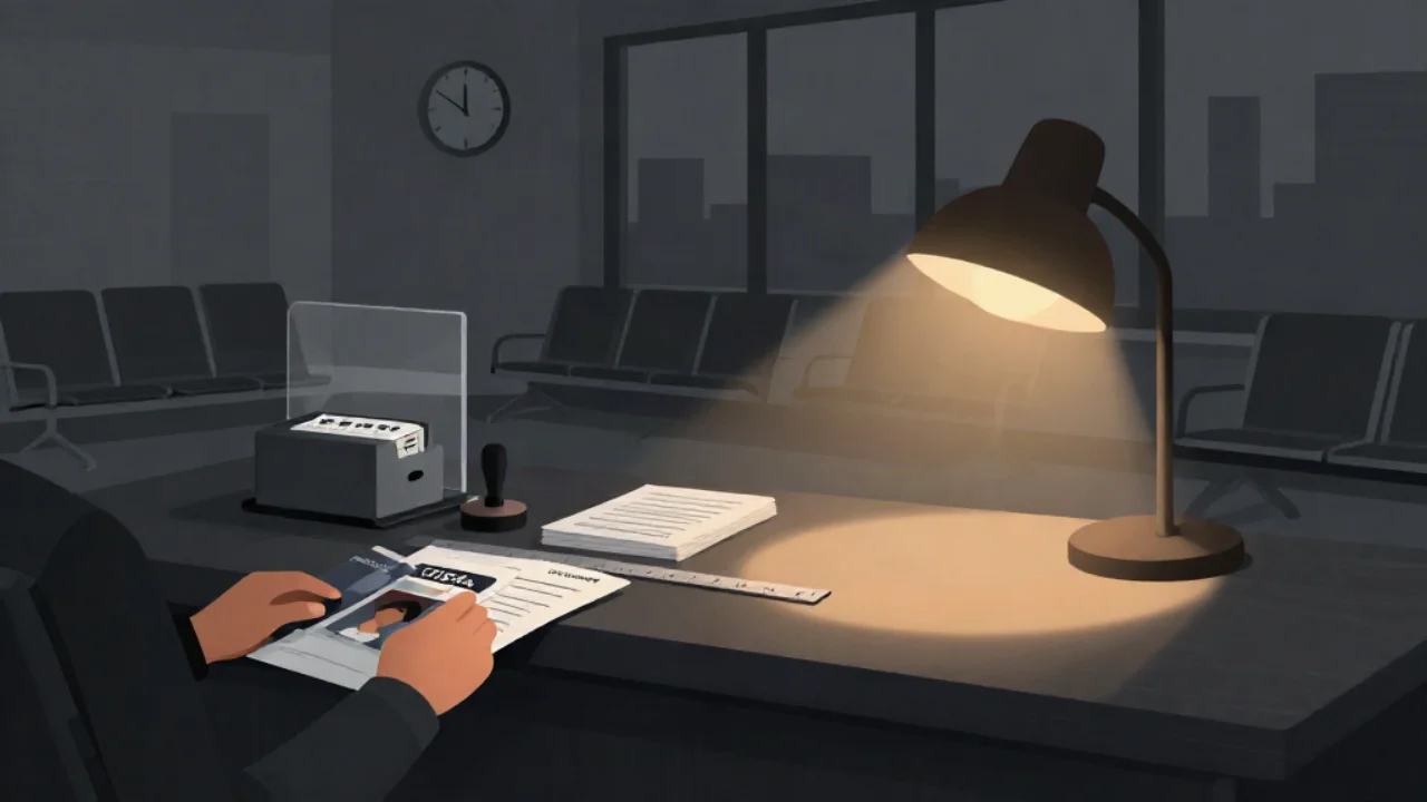 Flat vector illustration in charcoal and slate of a visa application counter at dusk: a pair of hands slides a passport and a small printed portrait photo across a dark counter beside a thin ruler, with a rubber stamp, a stack of forms, a numbered ticket dispenser behind a glass partition, empty waiting chairs, a wall clock and tall windows showing a faint skyline, all lit by one warm amber desk lamp