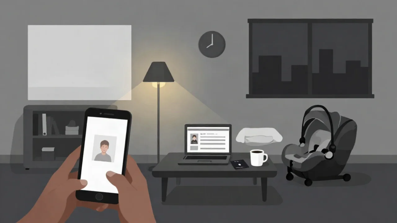Flat charcoal illustration of a living room at night: hands hold a phone showing a child's portrait, a laptop on the coffee table shows an online form, with a baby car seat and an amber floor lamp