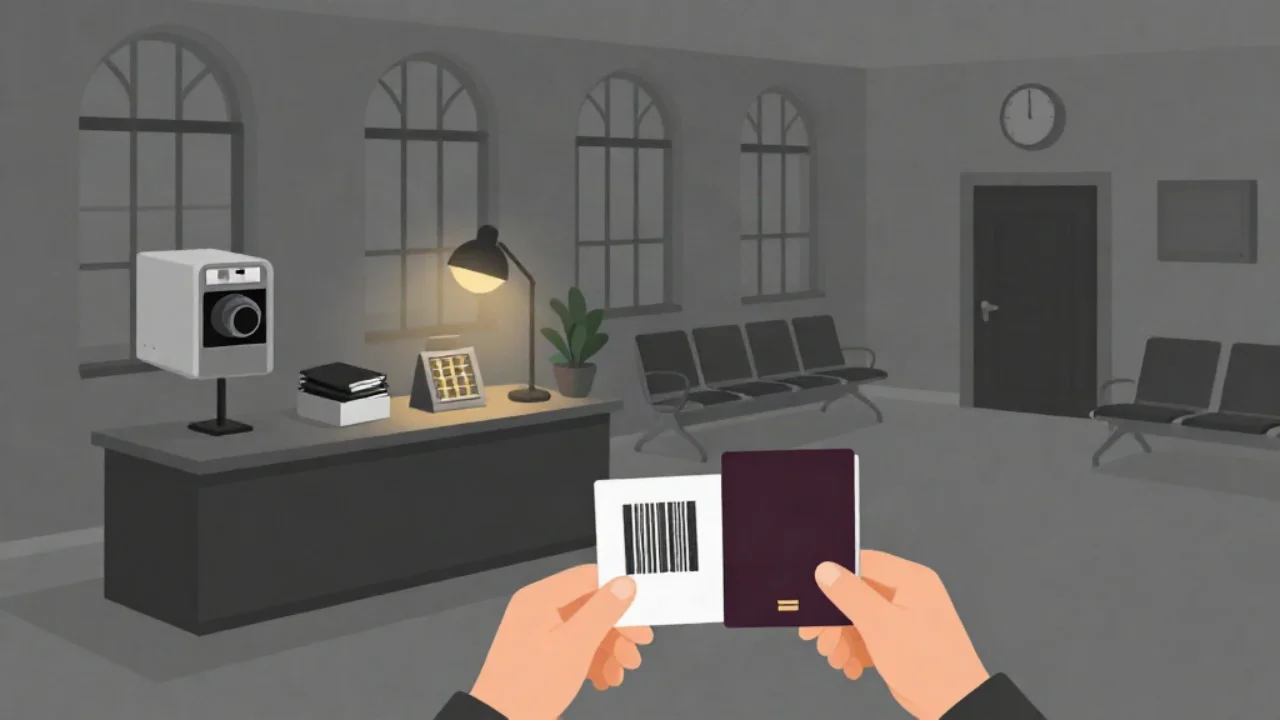 Flat illustration in charcoal grey of a town hall waiting room: two hands in the foreground hold a white card printed with a barcode next to a dark red passport, behind them a service counter with a boxy camera on a stand, a stack of folders, a small grid-patterned display and a desk lamp casting the only amber light, a potted plant, rows of empty waiting chairs, tall arched windows, a wall clock and a closed door