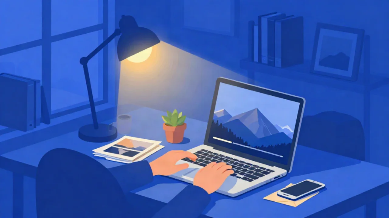 Flat vector illustration of a home desk in the evening in cobalt blue tones: two hands type on a laptop showing a mountain photo with a slider bar beneath it, lit by a gold desk lamp, with printed photos, a coffee mug, a potted succulent and a phone on an envelope, and a window, bookshelf and framed picture behind.