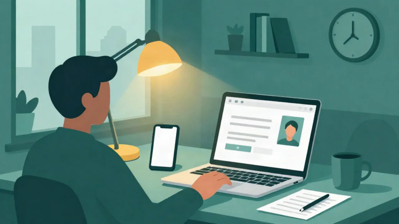 Flat vector illustration in teal of a daytime home office: a person seen from behind works at a laptop showing an online job-application form with a blank portrait placeholder and empty input rows, a warm gold desk lamp beside it, a phone with a blank screen, a coffee mug, a sheet of paper with a pen, and a window with a daytime city skyline, a shelf of books, a potted plant and a wall clock behind.