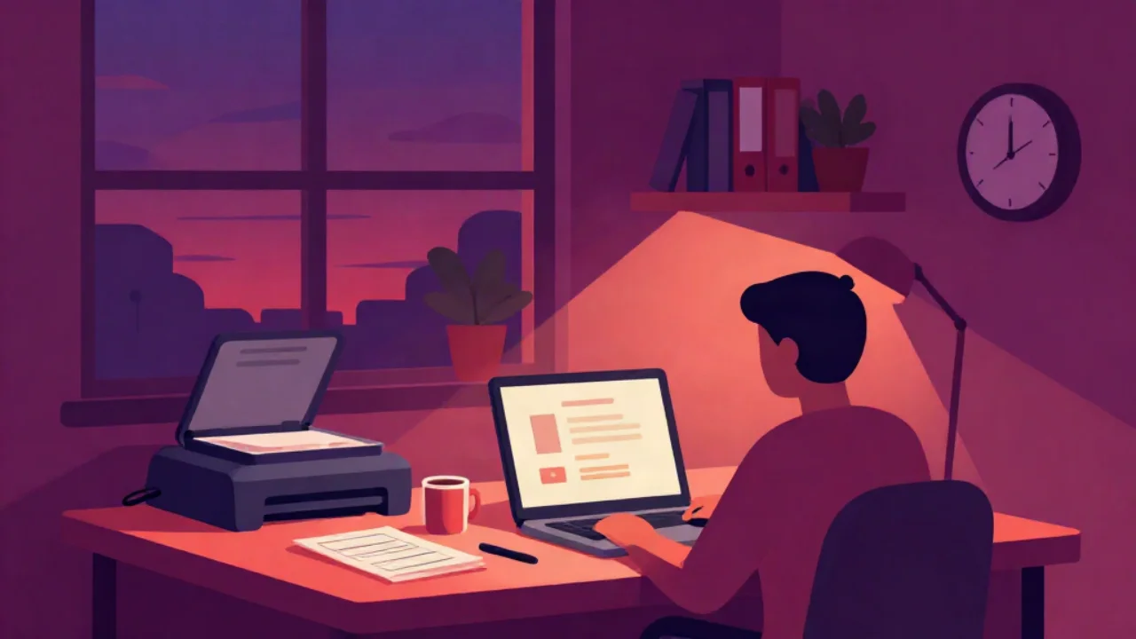 Flat vector illustration in plum and wine-red of an evening home office: a person seen from behind sits at a laptop showing a simple upload form with a document thumbnail and blank input rows, warmly lit by a coral desk lamp; beside them an open flatbed scanner holds a page, with a printed sheet and pen and a coffee mug on the desk, a shelf of ring binders and a potted plant, a round wall clock on the wall, and a window looking out on a magenta dusk skyline.