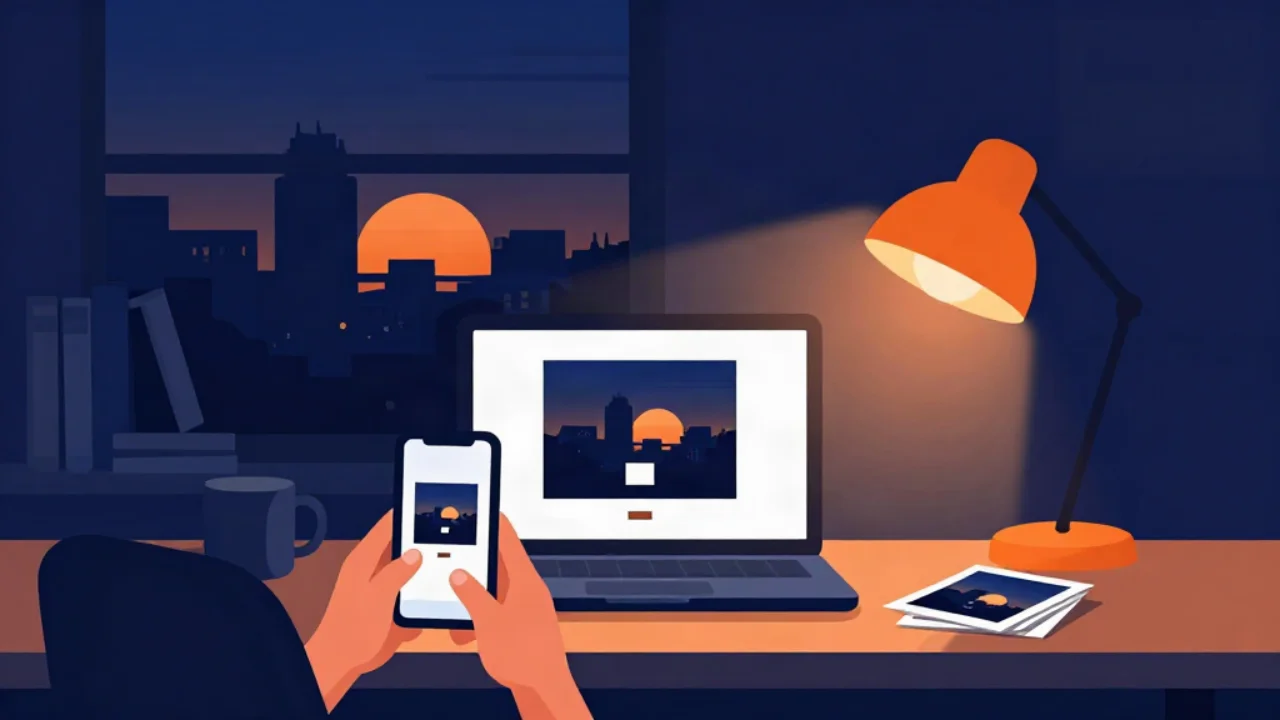 Flat vector illustration in midnight navy of a home desk at night: hands holding a phone that shows a small thumbnail beside a larger image, a laptop screen showing a photo shrunk to a tiny square, a warm orange desk lamp, a coffee mug and a stack of printed photos, with a navy city skyline and an orange sunset in the window and a bookshelf behind