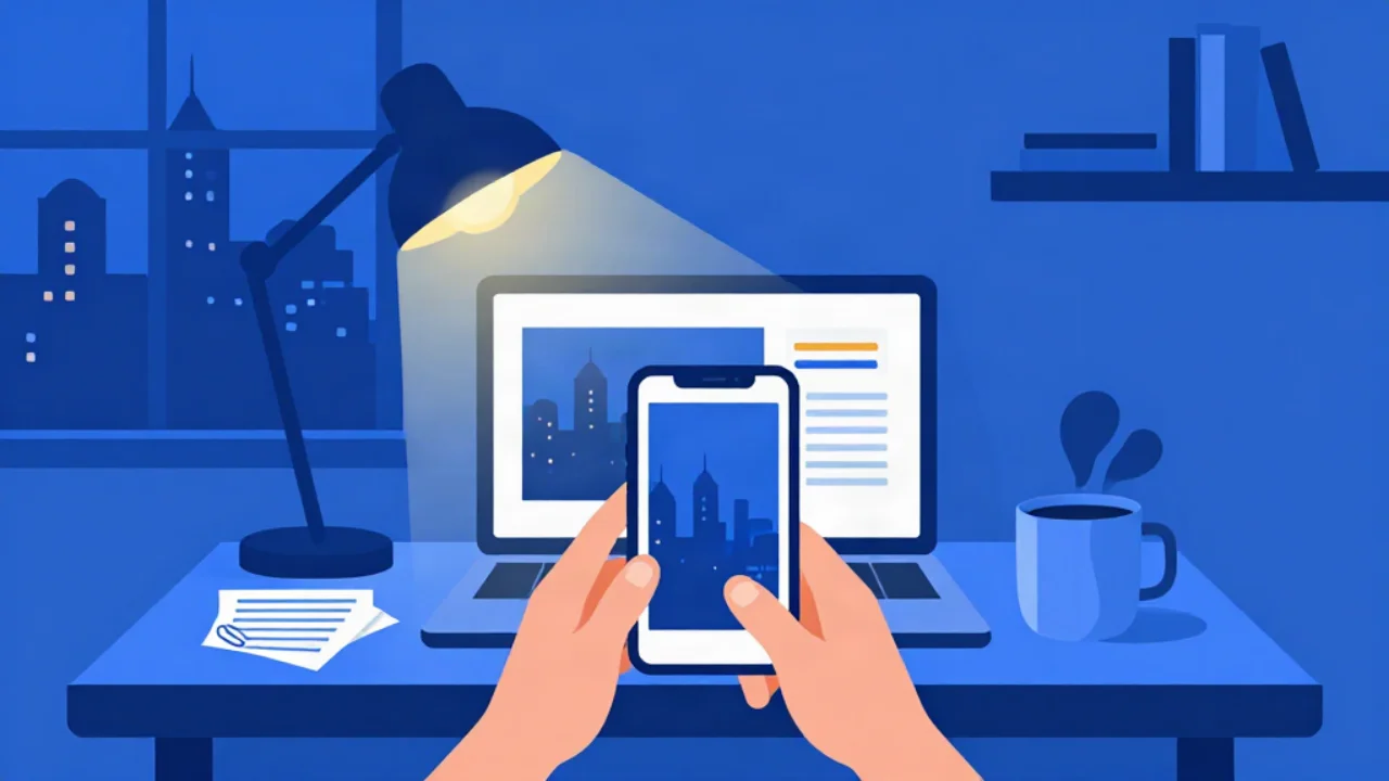 Flat vector illustration in cobalt blue of a home desk at night lit by a warm gold lamp: hands holding a smartphone showing a photo in front of an open laptop displaying the same photo beside a smaller compressed copy, with a coffee mug, a clipped stack of papers, a night city-skyline window and a bookshelf behind