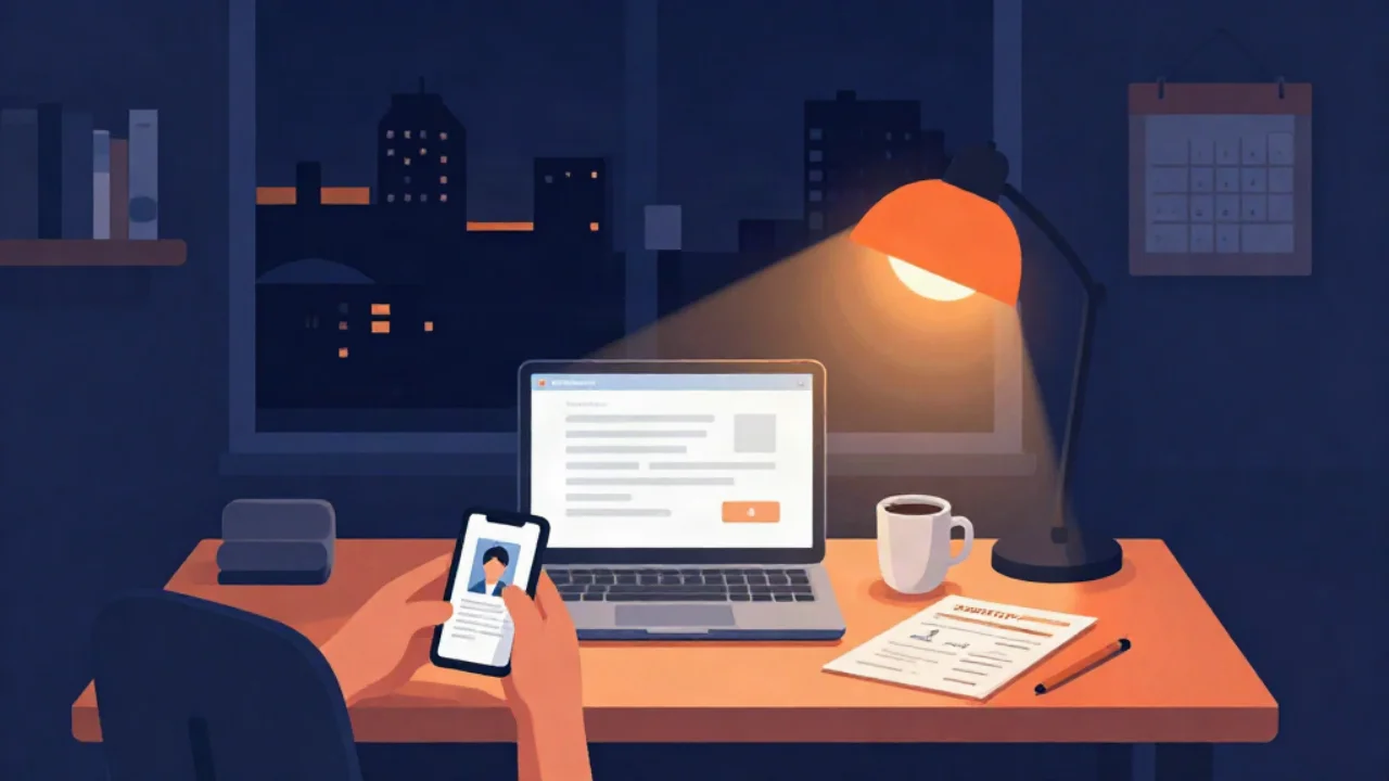 Flat vector illustration in midnight navy of a desk at night: hands holding a phone that shows a small portrait photo, an open laptop displaying a form with a photo box and an orange upload button, a glowing orange desk lamp, a coffee mug, a printed sheet and a pen, with a navy city skyline in the window, a bookshelf on the left and a wall calendar on the right.