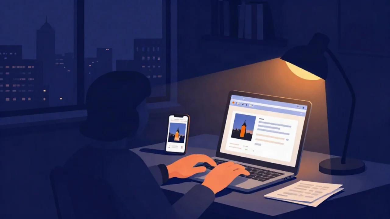 Flat vector illustration in midnight navy of a home desk at night, a warm orange lamp glowing over it: a person seen from behind types at a laptop showing an email window with a photo attachment, a phone beside it shows the same photo, with papers, a night city-skyline window and a bookshelf behind