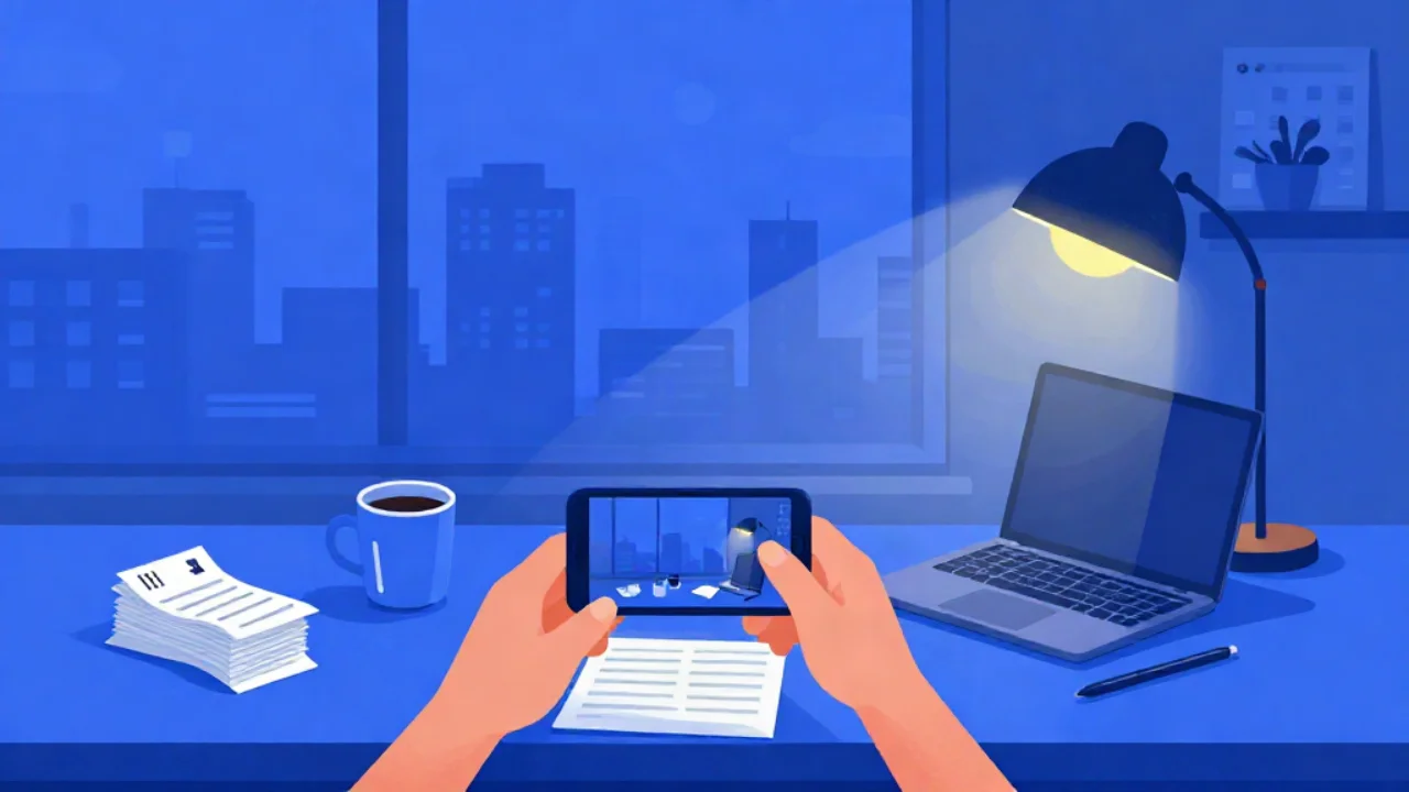 Flat vector illustration in cobalt blue of a kitchen table by a window at night: two hands hold a phone photographing a printed form, beside a coffee mug, a stack of papers, an open laptop and a pen, lit by a desk lamp with a warm yellow glow, with a city skyline outside and a calendar and potted plant on the wall.