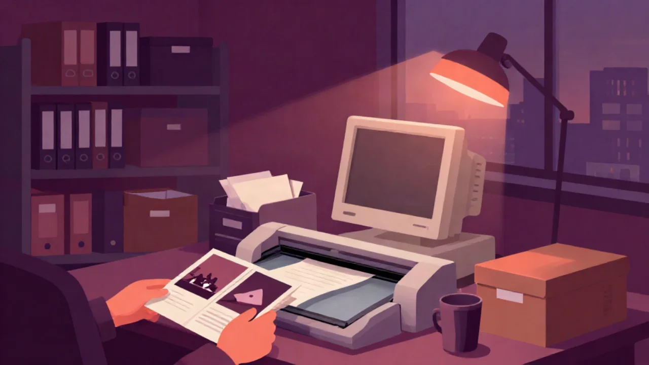 Flat vector illustration in deep plum and burgundy of a records office at dusk: a pair of hands lifts a booklet of old printed photographs off a flatbed scanner on a desk, beside a chunky beige desktop computer and monitor, a tray of scanned paper, a coffee mug and a cardboard file box, with a warm coral desk lamp glowing at right, tall metal shelving full of ring binders and archive boxes to the left, and a dim city skyline through a window behind.