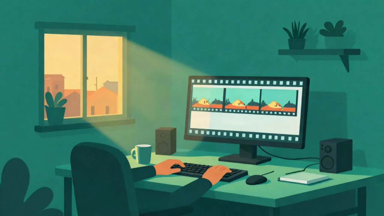 Flat vector illustration in deep teal of a home desk in the evening: a pair of hands types at a keyboard while a monitor shows a horizontal filmstrip of animation frames, with a mug, speakers, a shelf of plants, and warm golden light from a window over rooftops.