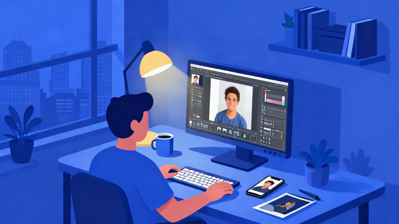 Flat vector illustration in cobalt blue of a home desk at night: a person seen from behind sits at a keyboard editing a portrait photo open in a photo-editing application on a large monitor, warmly lit by a gold desk lamp; a smartphone on the desk shows the same portrait, beside a coffee mug, a stylus resting on a printed photo, potted plants, a wall shelf of books, and a dusk city skyline through the window behind.
