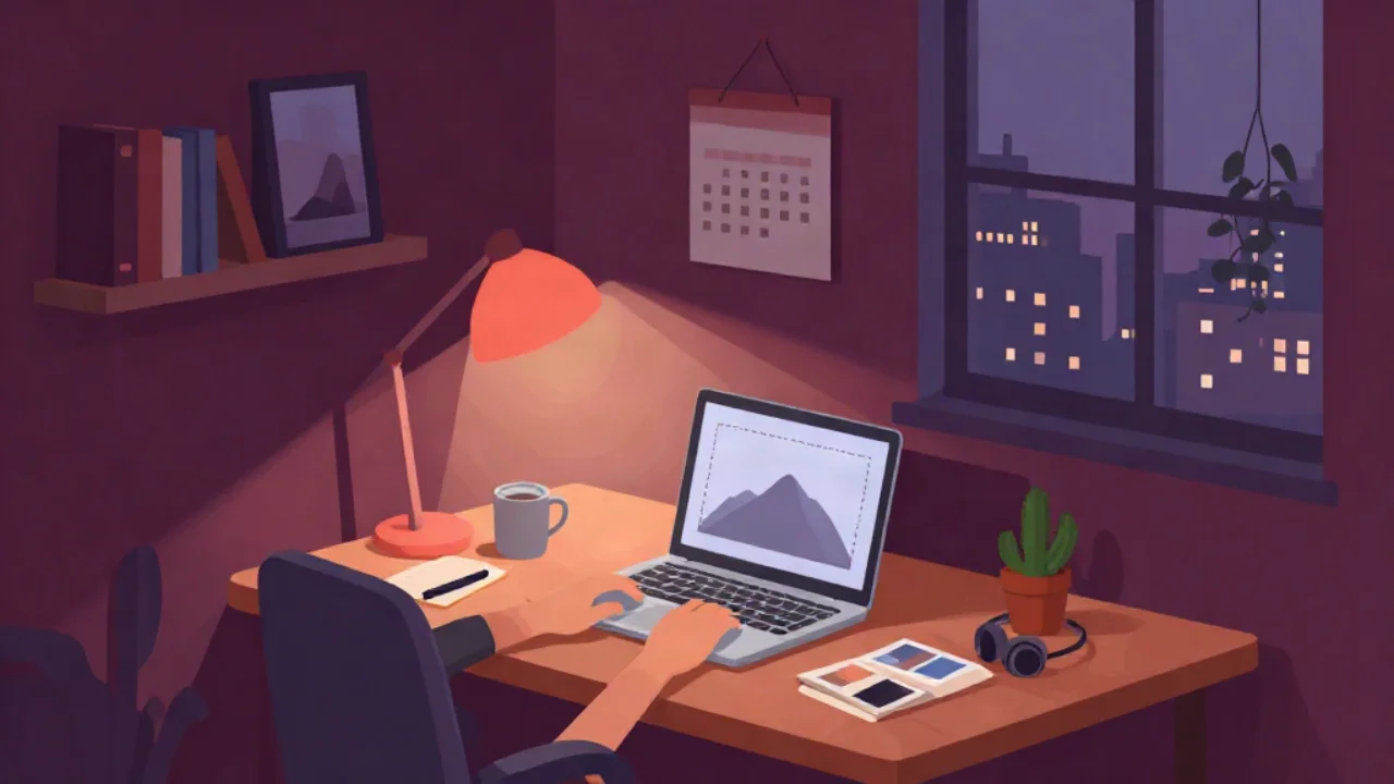 Flat plum-coloured illustration of a desk at night: two hands type on a laptop whose screen shows a mountain picture inside a dashed selection box, lit by a coral desk lamp, with a mug, a notebook, a cactus, headphones and printed photos on the desk, a bookshelf and wall calendar behind, and a window showing a city skyline