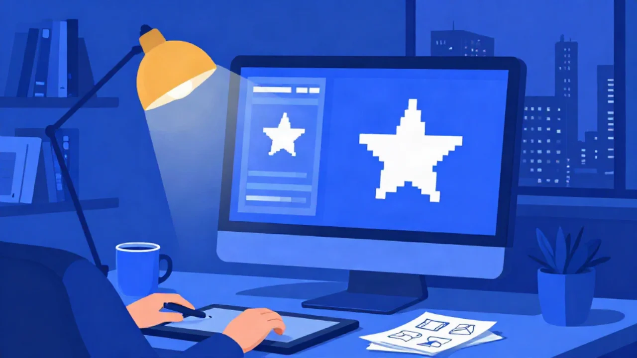 Flat vector illustration in cobalt blue of a designer's night desk: hands on a drawing tablet, a warm gold desk lamp, and a monitor showing a blocky pixel star logo beside the same star redrawn as smooth curves