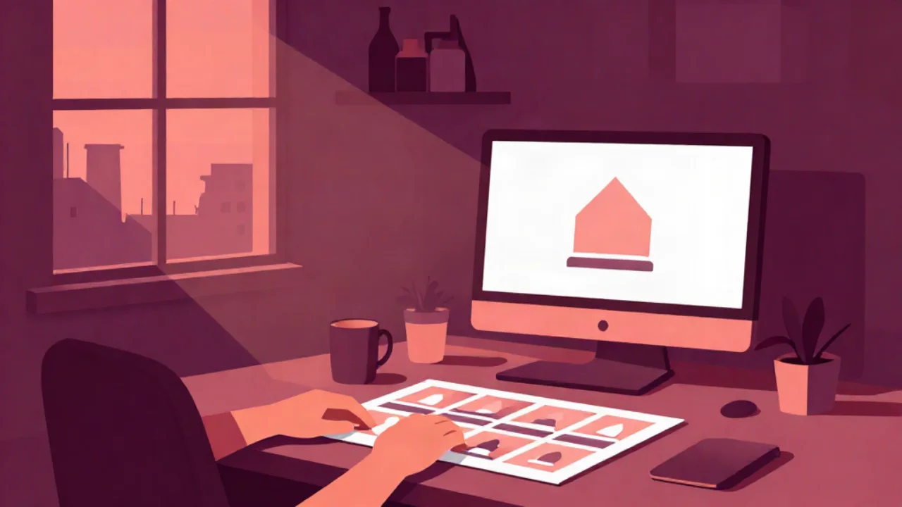 Flat vector illustration in deep plum and burgundy of a design studio: a pair of hands arranges a grid of small printed thumbnails on the desk while a monitor shows a simple geometric logo on a plain white rectangle, with a mug, potted plants, and warm coral light from a window over rooftops.