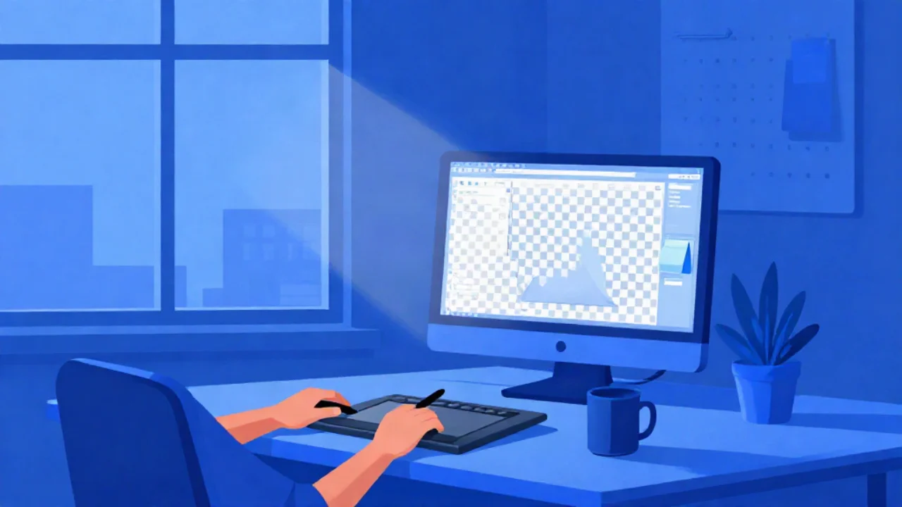Flat vector illustration in cobalt blue of a graphic designer's desk by a bright window: a pair of hands works a graphics tablet with a stylus while a large monitor shows an image with a transparency checkerboard behind a cut-out shape, a mug and a small potted plant beside it.