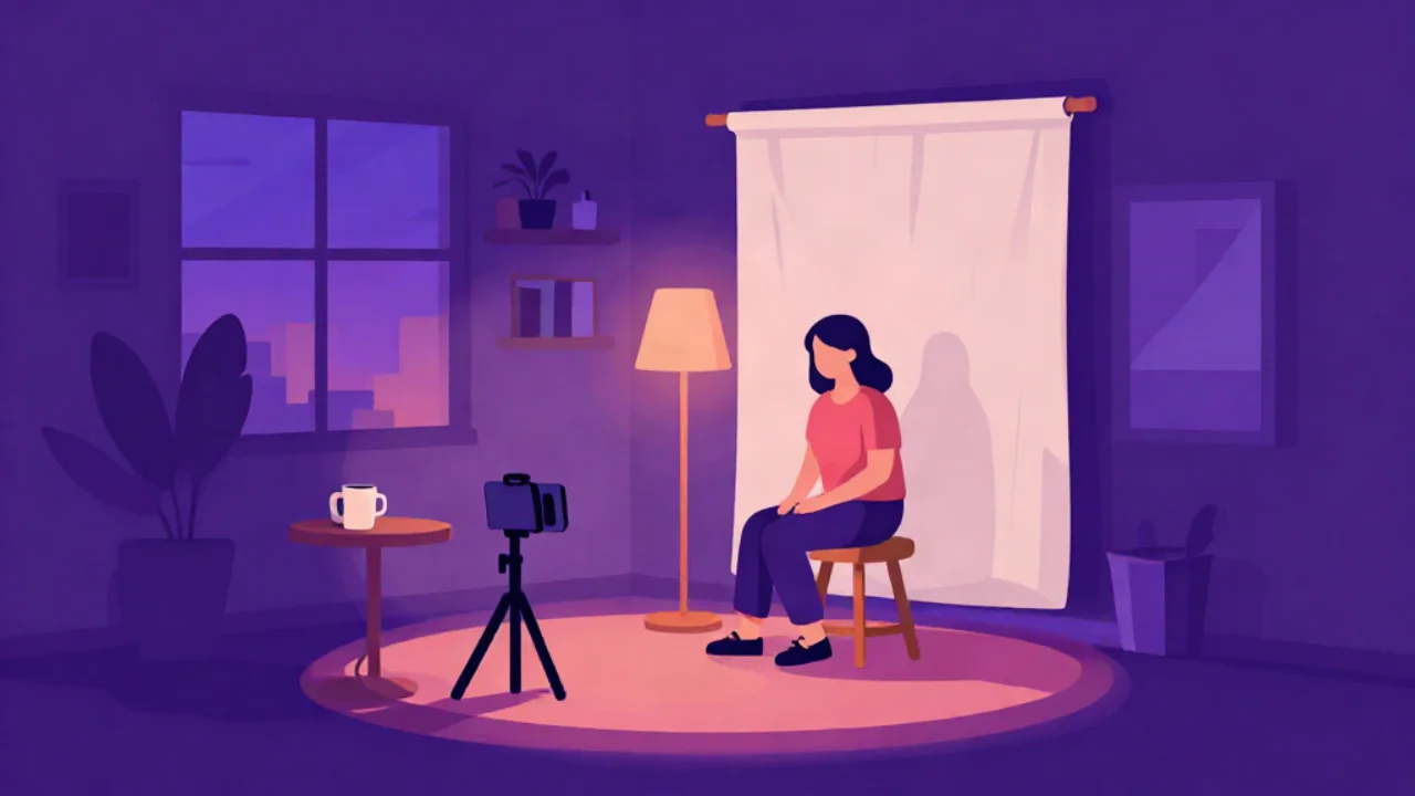 Flat vector illustration in violet dusk tones of a woman sitting on a stool in front of a white sheet hung as a backdrop, lit by a floor lamp, with a phone on a tripod and a mug on a side table in the foreground