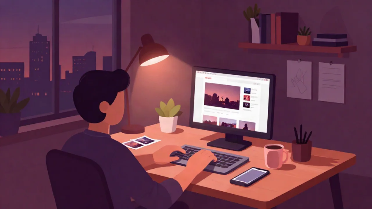 Flat illustration of a person at a desk at dusk, a monitor showing a web page full of photos, lit by a coral lamp in plum tones.
