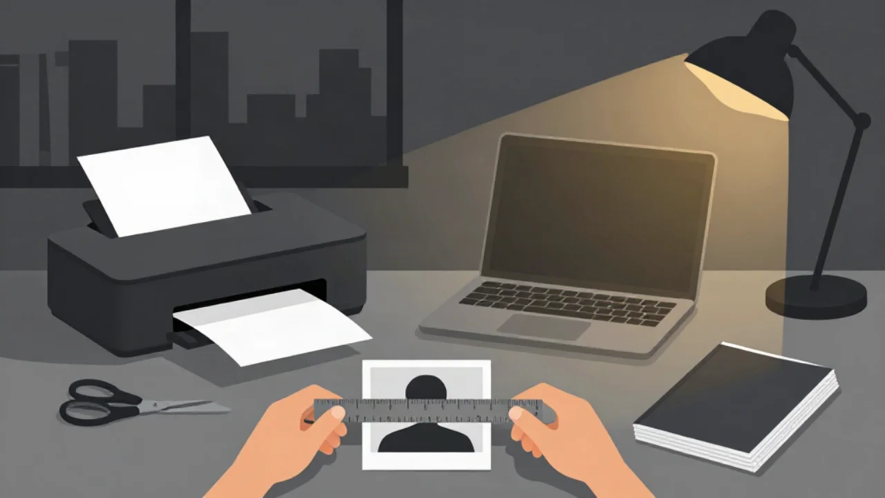 Flat vector illustration in charcoal grey of a home desk at night: two hands hold a ruler across a small printed head-and-shoulders photo, with a printer feeding out a sheet of photo paper, an open laptop, scissors, and a dark booklet nearby, lit by a warm amber desk lamp in front of a window with a city skyline.