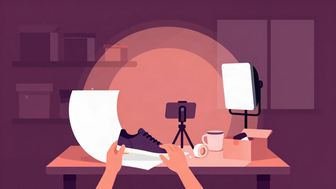 Flat vector illustration of a home product photography setup in plum tones: hands placing a sneaker on a white paper sweep, a phone on a tripod, an LED light, a mug, packing tape, and shipping boxes on a shelf