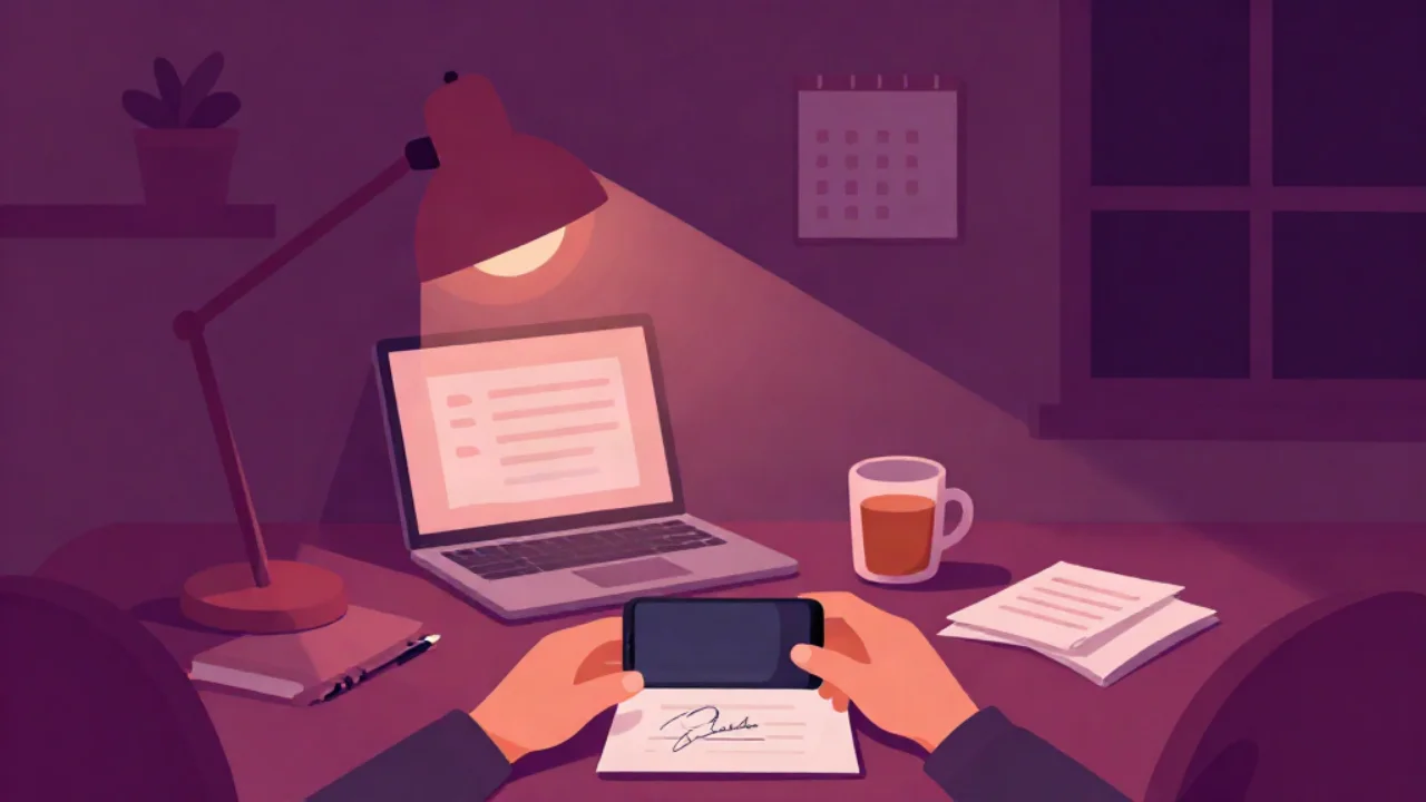 Flat vector illustration in deep plum of a desk at night: two hands hold a phone flat above a sheet of white paper bearing a handwritten signature, beside a laptop showing a plain document, a mug of tea, a pen on a notebook and a stack of papers, with a shelf, a potted plant, a wall calendar and a dark window behind, all lit by one warm coral desk lamp