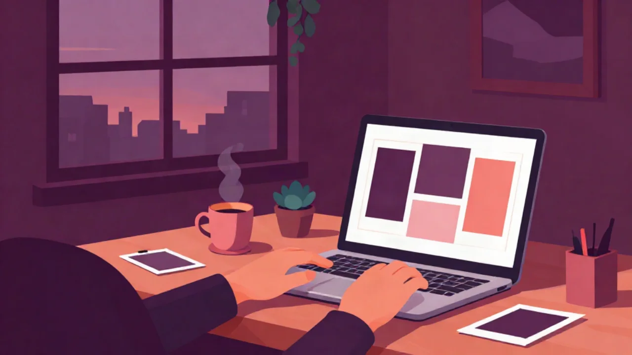 Flat vector illustration of a person at a dusk home desk, a laptop screen showing three empty photo frames in a wide strip, a square and an upright rectangle