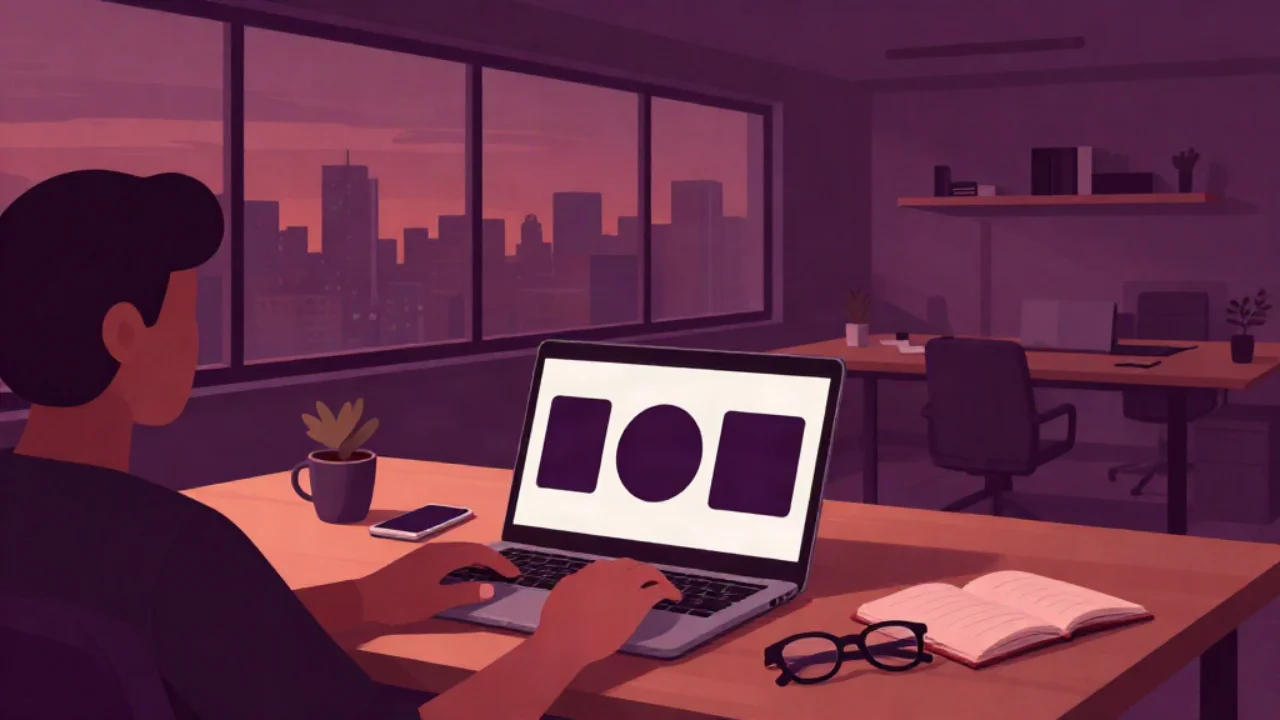 Flat vector illustration of a person seen from behind at a dusk office desk, typing on a laptop whose screen shows three dark placeholder shapes — a rounded rectangle, a circle, and a rounded rectangle — with a coffee mug, phone, plant, and open notebook nearby and a plum-toned city skyline through the window