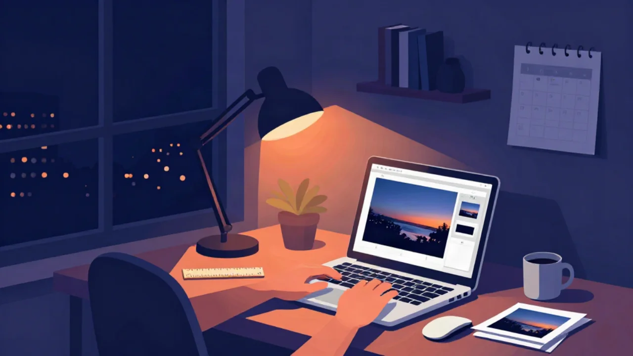 Flat vector illustration of a home desk at night in navy tones: two hands typing on a laptop that shows a sunset landscape photo with smaller thumbnails beside it, lit by an orange desk lamp, with a potted plant, a wooden ruler, a coffee mug, a mouse and printed photos, a window onto city lights, a bookshelf and a wall calendar.