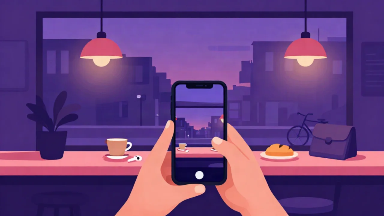 Flat vector illustration in violet dusk tones of a cafe window counter: two hands hold up a phone in the foreground, beside a coffee cup with earbuds, a potted plant, a croissant on a plate and a handbag, under two coral pendant lamps glowing peach, with a city street, buildings and a parked bicycle outside the window.