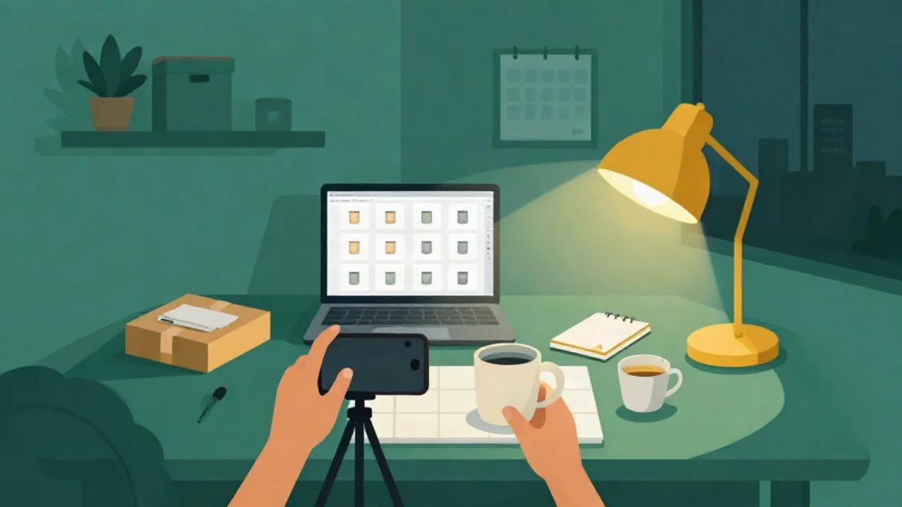 Flat vector illustration in teal of a home desk at night: two hands steady a phone on a small tripod aimed down at a coffee mug standing on a square white tile, beside an open laptop showing a grid of square thumbnails, a cardboard box, a notebook and a second cup, with a shelf of storage boxes, a plant, a wall calendar and a dark window behind, all lit by one warm gold desk lamp