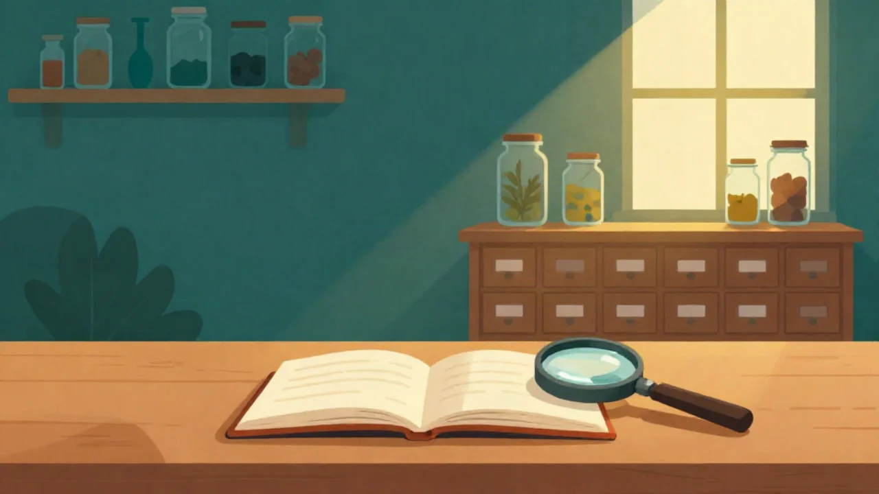 Flat vector illustration in deep teal of a naturalist's study at golden hour: an open notebook and magnifying glass on a wooden desk, a cabinet of small labelled specimen drawers, and shelves of glass specimen jars