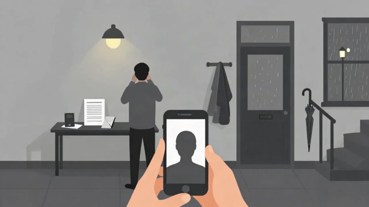 Flat illustration in charcoal grey of a house hallway on a rainy evening: two hands in the foreground hold a phone showing a faceless head-and-shoulders silhouette, a person stands with their back turned beside a small table holding a form, an envelope and a dark booklet under a single amber ceiling lamp, with a coat on a hook, a front door with a rain-streaked glass panel, an umbrella, a staircase and a window showing a street lamp