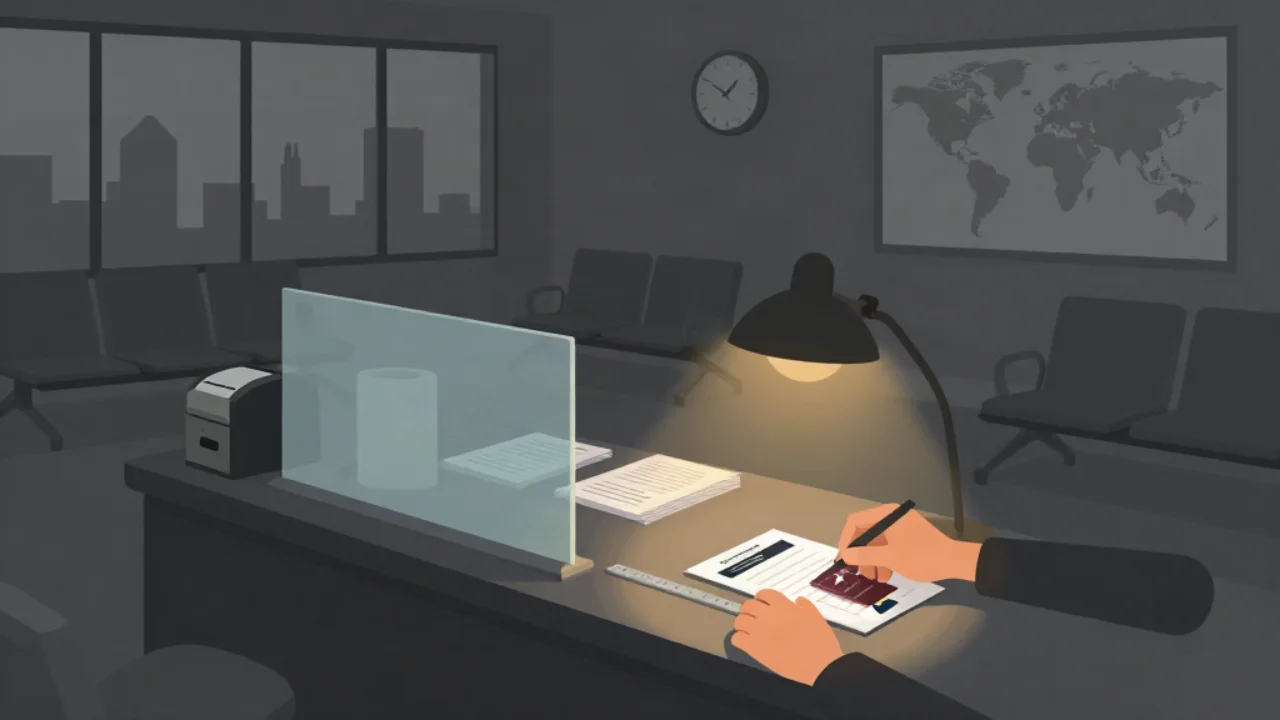 Flat vector illustration in near-neutral charcoal grey of a quiet embassy visa counter in the evening: a pair of hands fills in an application form beside a passport and a thin ruler on a dark counter, lit by a single warm amber desk lamp, with a frosted glass service partition and a numbered ticket dispenser to one side, rows of empty grey waiting chairs behind, a wall clock, a framed world map, and tall dark windows showing a faint grey city skyline at dusk.