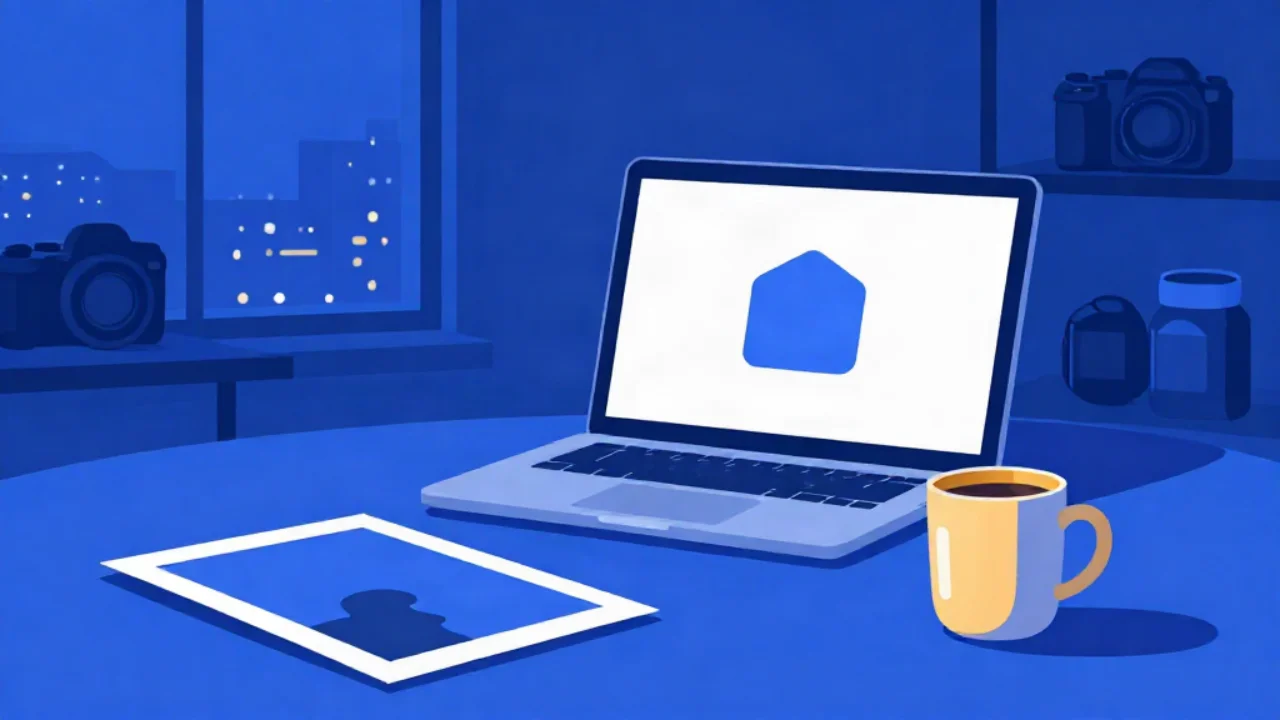 Flat vector illustration in cobalt blue of a home desk at night: a laptop screen showing a simple flat-colour logo, a printed photograph and a warm-lit coffee mug on the desk, with cameras and a city window behind