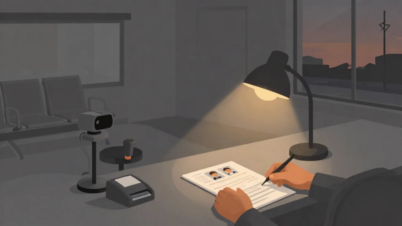 Flat vector illustration in near-neutral charcoal and slate of a dim passport office at dusk: a single warm amber desk lamp lights a hand filling in a paper application form that has two small printed ID portrait photos clipped to it, a small webcam on a short stand and an ink stamp and a card-reader printer sit on the grey counter, a row of empty waiting chairs stands in shadow to the left, and a tall window on the right shows a fading sunset street with a bare flagpole silhouette.