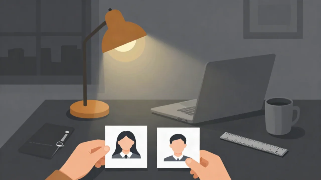 Flat vector illustration in charcoal grey of a desk at night: a pair of hands holds two printed portrait photo proofs side by side - one slightly taller and narrower than the other - beside a steel ruler, a laptop, and a mug, lit by a single warm amber desk lamp, with a faint grey skyline through the window.