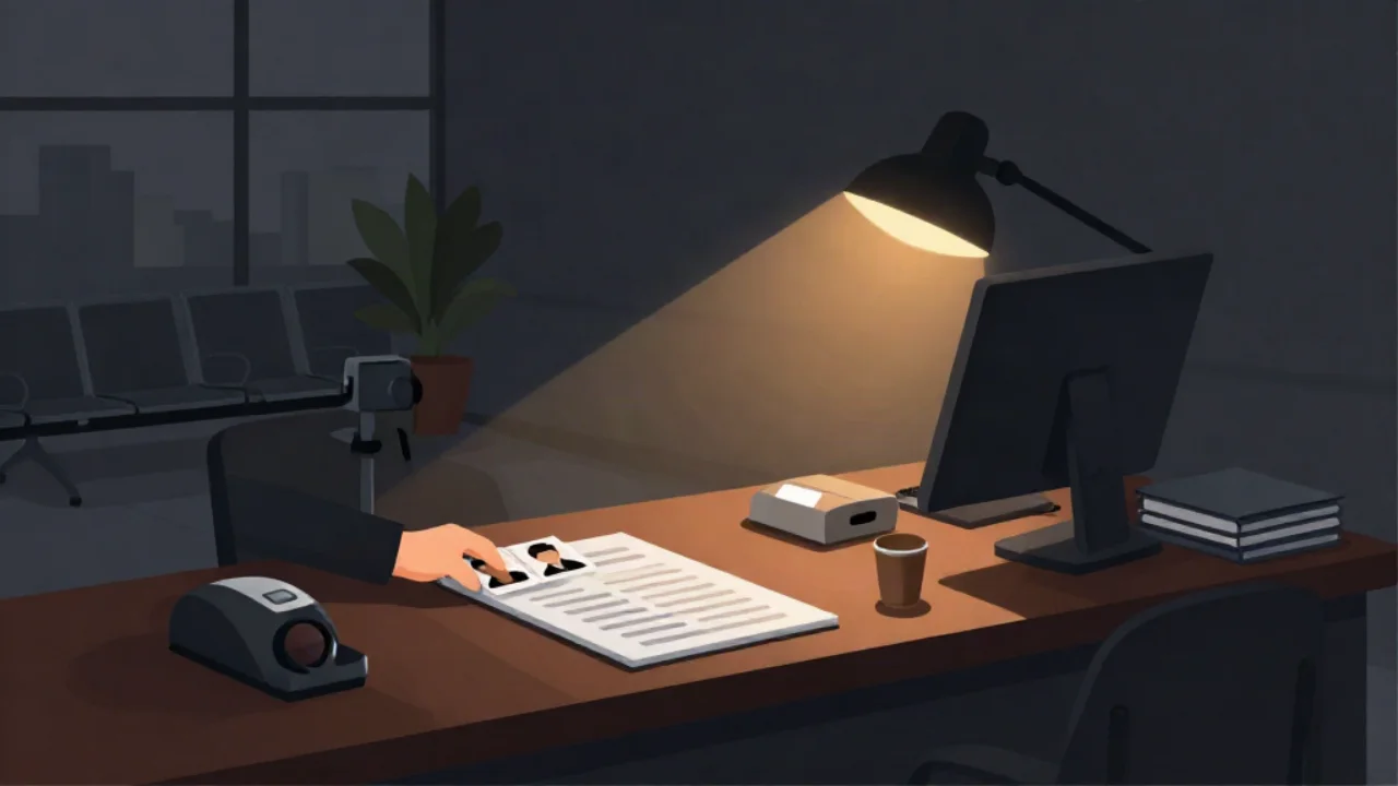 Flat vector illustration in charcoal and slate of a dim immigration enrolment desk lit by a warm amber lamp: a hand places two small white-background portrait photo prints onto a paper application form on a dark timber counter, beside a fingerprint scanner, a monitor, a coffee cup and stacked folders, with a camera on a stand, a potted plant, a row of waiting-room chairs, and a tall window showing a charcoal dusk skyline