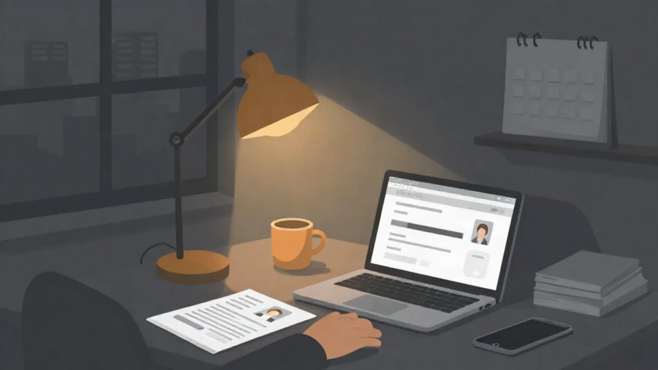 Flat vector illustration in charcoal grey of a home desk at night during an online passport application: an open laptop shows a form with an ID portrait thumbnail, a printed application form and a small ID photo lie on the dark desk beside a mug and a phone, lit by a single warm amber desk lamp, with a wall calendar and a grey city skyline through the window.