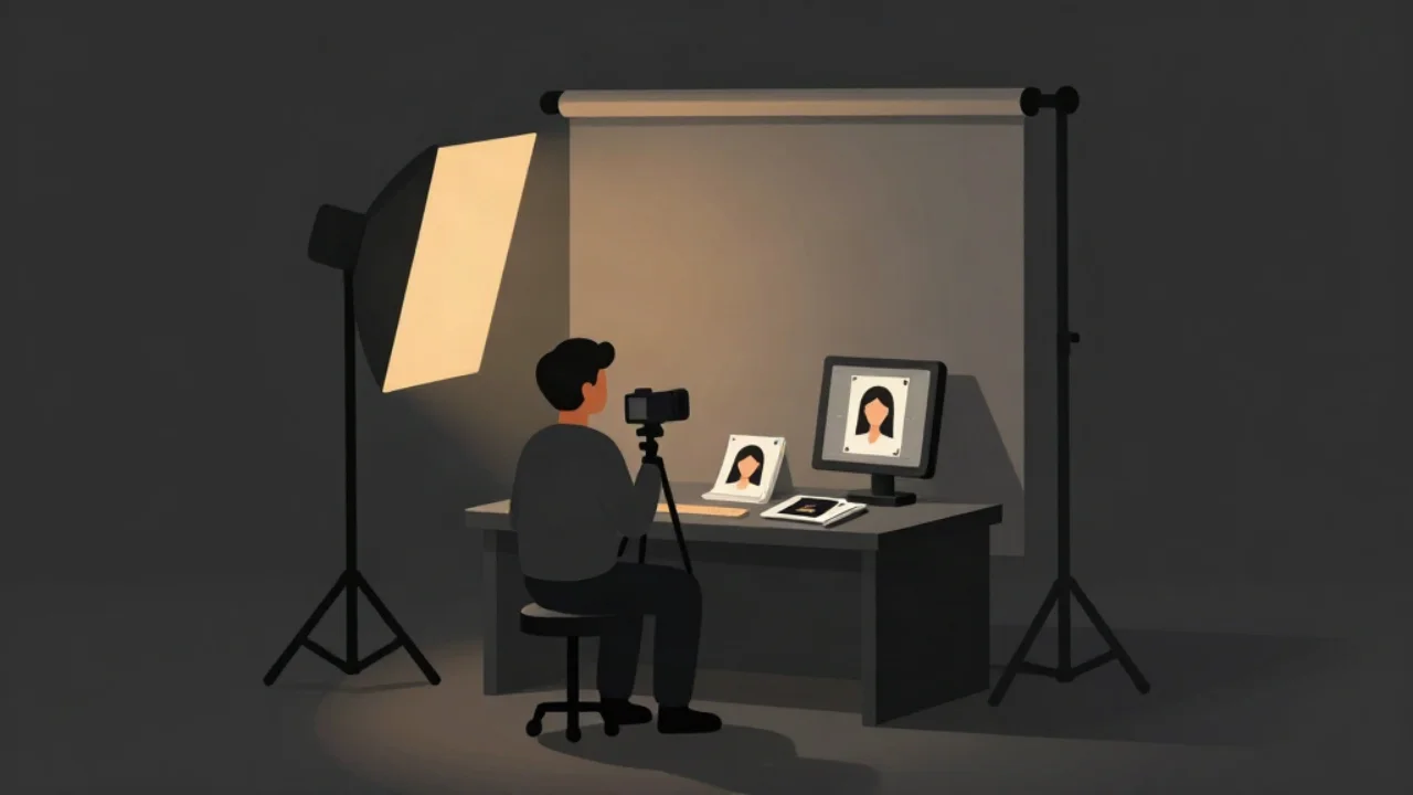 Flat vector illustration in charcoal and slate of a passport photo studio at dusk: a person seated on a stool, seen from behind, faces a camera on a tripod and a large plain light backdrop screen; a softbox lamp on a stand casts warm amber light across the scene, and a monitor on the desk shows a face inside alignment brackets beside a printed portrait photo