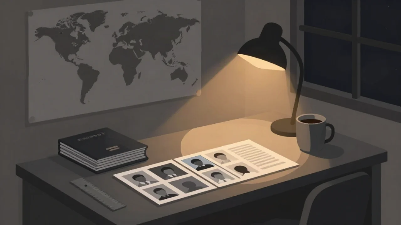 Flat vector illustration in charcoal of a passport application desk at night: a world map on the wall, a desk lamp casting warm amber light over printed portrait photos in different sizes laid out beside a ruler, a stack of passport folders and a coffee mug by a dark window
