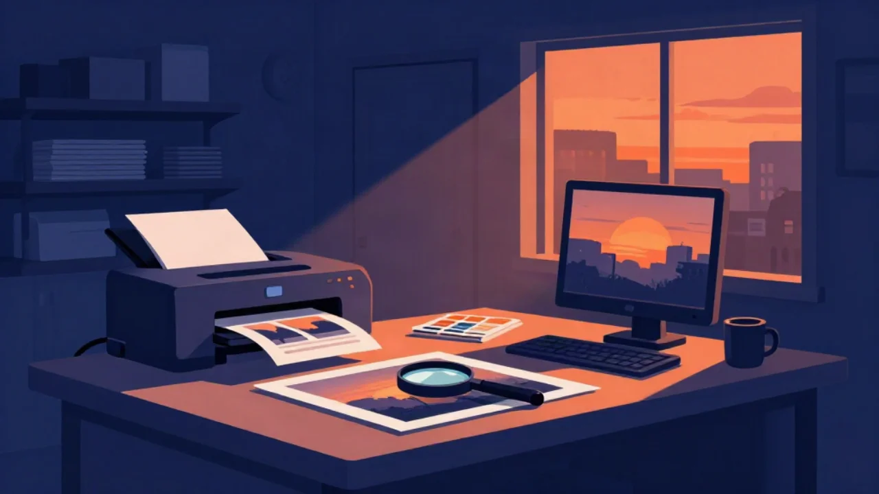Flat vector illustration in deep midnight navy of a print shop at dusk: a desktop printer feeding out a photo, a monitor showing a sunset landscape, a printed photo on the table with a loupe magnifier resting on it, shelves of paper behind, lit by warm sunset orange from a tall window