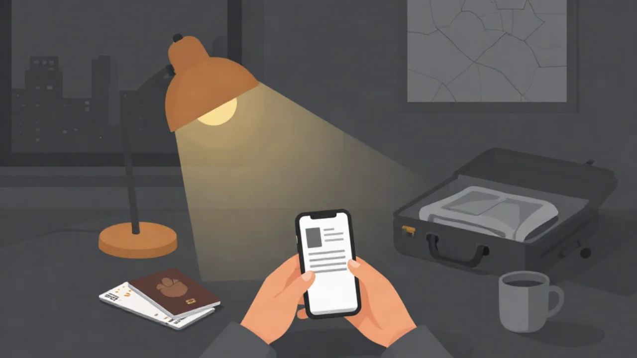 Flat vector illustration in charcoal grey of a traveller's desk at night: a pair of hands holds a smartphone showing a visa application form with a small square photo, a passport on the dark desk beside a warm amber lamp, an open suitcase of folded clothes, a mug, and a faint grey city skyline through the window.