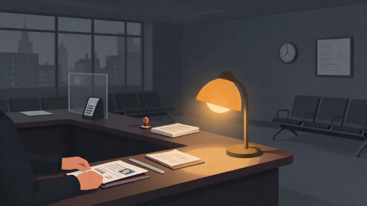 Flat vector illustration in charcoal and slate of a consulate service counter at dusk: a pair of hands slides a passport and a small printed portrait photo across a dark wooden counter beside a thin ruler, with a rubber stamp, a stack of paperwork, a numbered ticket dispenser behind a glass partition, empty waiting chairs, a wall clock, and tall windows showing a faint city skyline, all lit by a single warm amber desk lamp