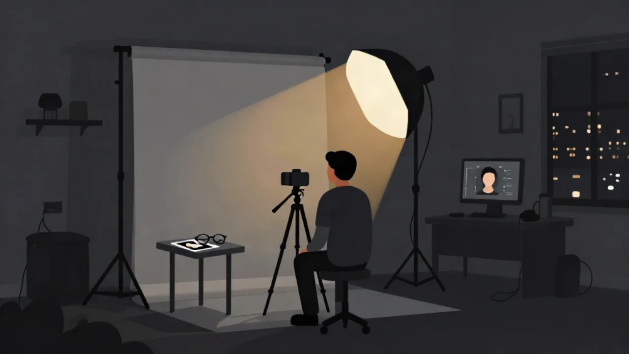 Flat vector illustration in charcoal and slate of a home photo studio at dusk: a person sits on a stool seen from behind, facing a camera on a tripod and a lit softbox lamp; a side table holds a pair of eyeglasses and a printed portrait, and a monitor on the desk shows a face inside alignment brackets beside a night window