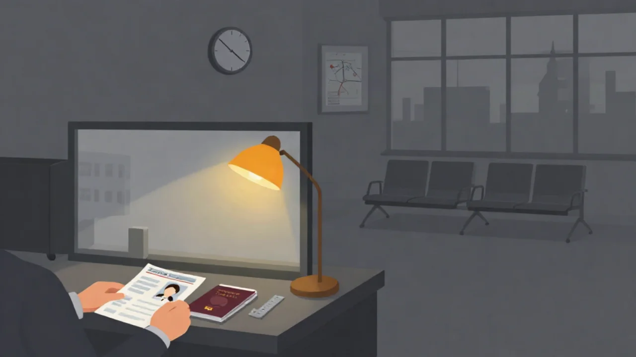Flat vector illustration in charcoal grey of a quiet consular visa office at night: a pair of hands holds a visa application form with a small ID photo beside a passport and a steel ruler on a dark counter, lit by a single warm amber desk lamp, with a frosted-glass service partition, a wall clock, a framed map, empty grey waiting chairs, and tall windows showing a faint grey city skyline at dusk.